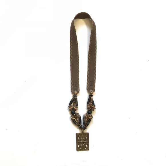 Twine & Twig Medallion Tribal Beaded Necklace Womens Suede Strap Brown Bronze - Picture 11 of 11